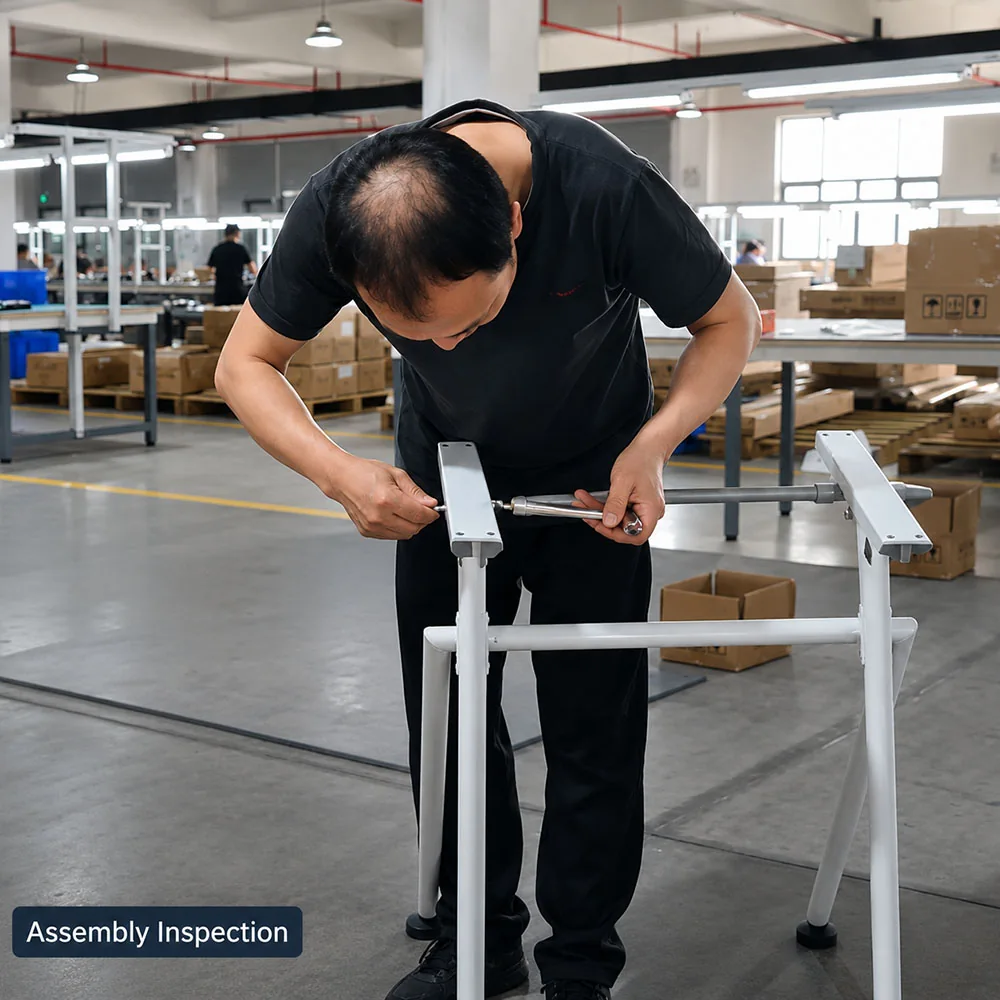 worker checking fit and assembly of an office desk frame during production